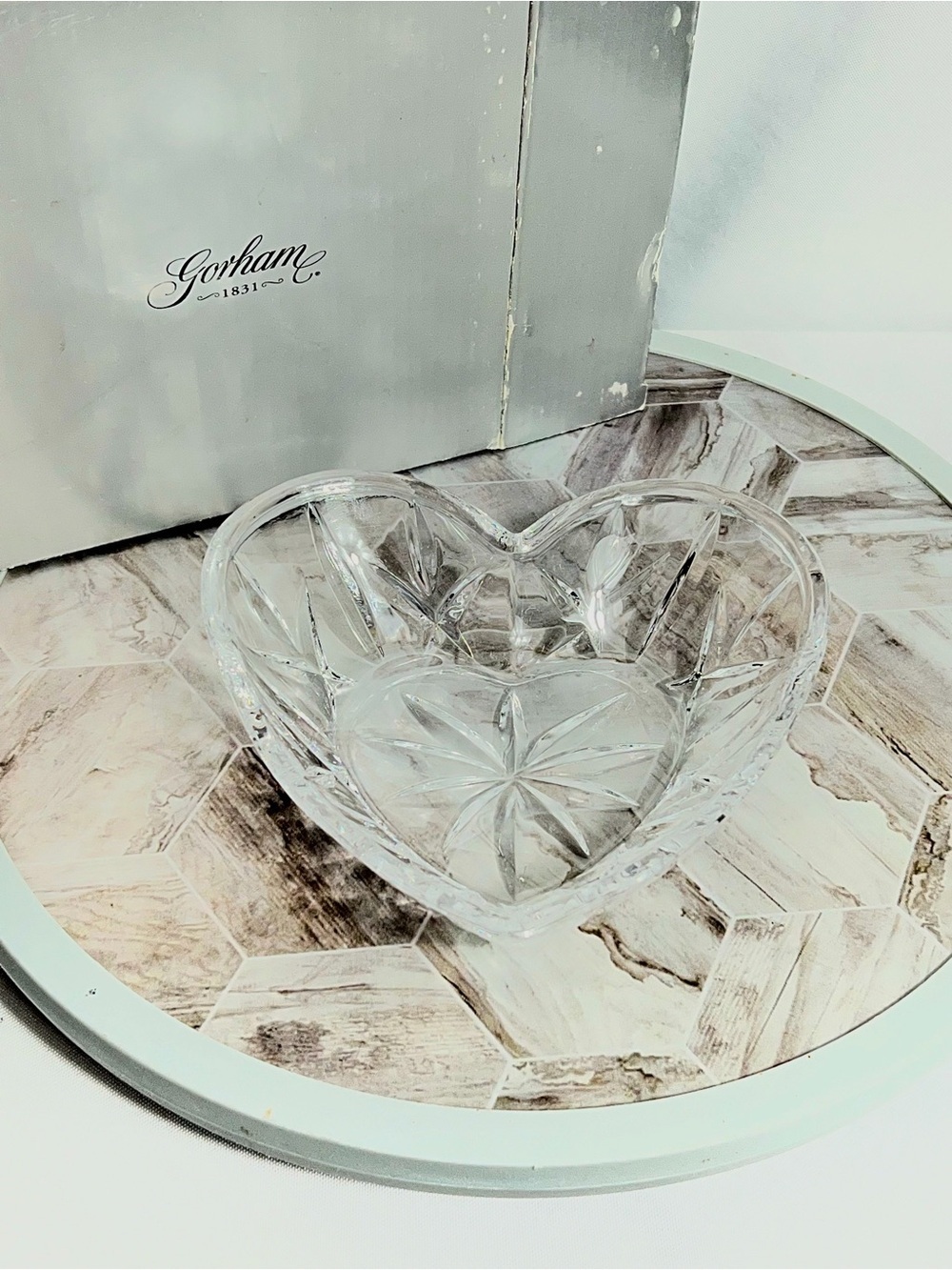 Gorham Lady Anne Crystal Heart Dish Candy Trinket Bowl 6” No Lid Clear